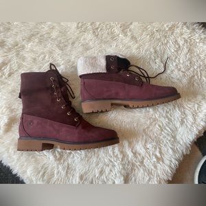 Timberland EUC Jayne 6inch Teddy Fold Down Boots Leather Waterproof Fleece sz 9